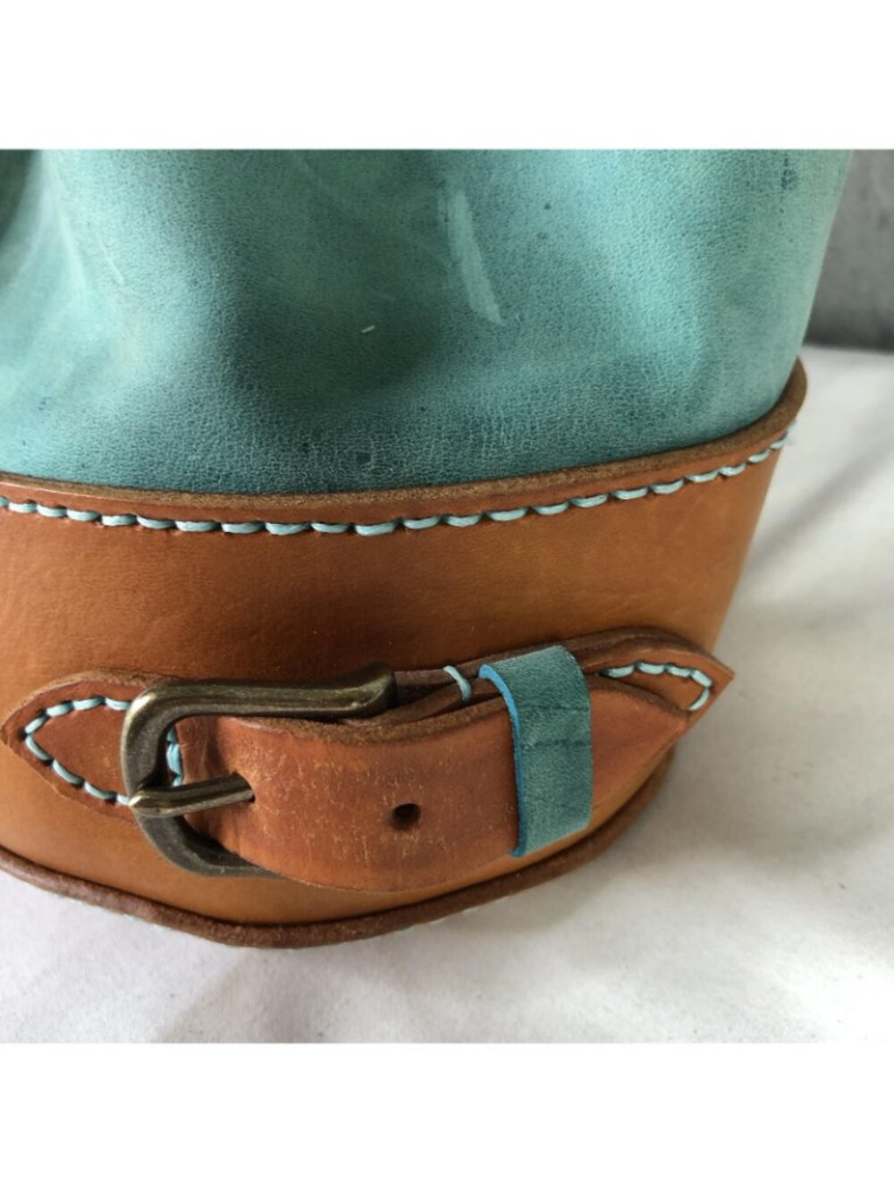 Bespoke Backpack Bag Womens Small Turquoise Brown Leather Boho Drawstring Casual - Picture 14 of 16